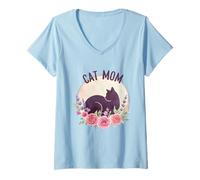 Mujer Cat, Mom Floral Watercolor Black, Cat Silhouette Pink Roses Camiseta Cuello V