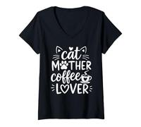 Mujer Cat Mother Coffee Lover Funny Mom Caffeine Drink Love Quote Camiseta Cuello V