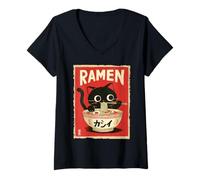 Mujer Cat Ramen Estética Japonesa Ukiyo-e Arte Anime Gato Camiseta Cuello V