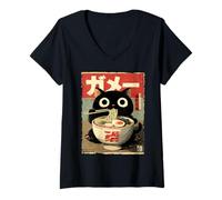Mujer Cat Ramen Estética Japonesa Ukiyo-e Arte Anime Gato Camiseta Cuello V