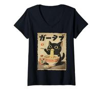 Mujer Cat Ramen Estética Japonesa Ukiyo-e Arte Anime Gato Camiseta Cuello V