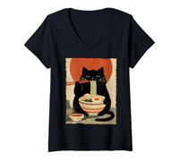 Mujer Cat Ramen Estética Japonesa Ukiyo-e Arte Anime Gato Camiseta Cuello V