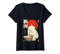Mujer Cat Ramen Estética Japonesa Ukiyo-e Arte Anime Gato Camiseta Cuello V