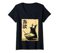 Mujer Cat Ramen Estética Japonesa Ukiyo-e Arte Anime Gato Camiseta Cuello V