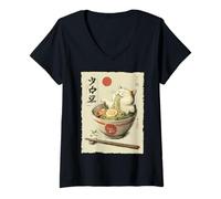 Mujer Cat Ramen Estética Japonesa Ukiyo-e Divertido Gato Anime Relajado Camiseta Cuello V