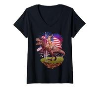 Mujer Cat Riding Dinosaur T Rex USA American Flag 4th of July Camiseta Cuello V