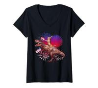 Mujer Cat Riding Dinosaur T Rex USA Patriotic Flag 4th of July Camiseta Cuello V