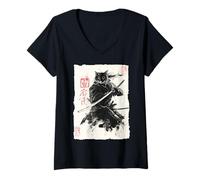 Mujer Cat Samurai Japanese Sumi-e Painting Katana Art Camiseta Cuello V