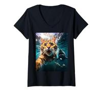 Mujer Cat Selfie During Shark Chase Funny Underwater Graphic Camiseta Cuello V