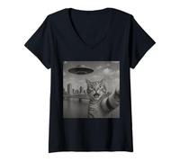 Mujer Cat Selfie With Alien UFO Shirt New Orleans Cat UFO Invasion Camiseta Cuello V