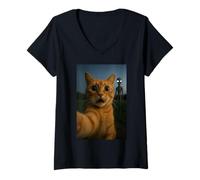 Mujer Cat Selfie with Alien with White Eyes Funny for Kids Adults Camiseta Cuello V