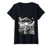 Mujer Cat Selfie with Aliens UFO Funny Cats Alien Abduction Camiseta Cuello V