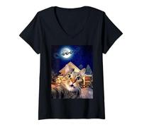 Mujer Cat Selfie with Santa, Reindeer, and Sleigh Funny Christmas Camiseta Cuello V
