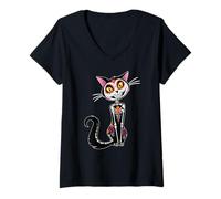 Mujer Cat Sugar Skull Dia de Los Muertos, Day of The Dead Camiseta Cuello V