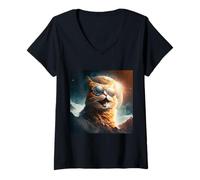 Mujer CAT sunglasses on space, moon , galaxy mountain and cosmos Camiseta Cuello V