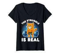 Mujer Cat The Struggle Is Real Halterofilia Gimnasio Divertido Camiseta Cuello V