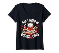 Mujer Cat, Todo lo Que Necesito Son Libros y Gatos, Amantes de la Lectura, San Valentín Camiseta Cuello V