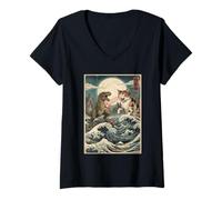 Mujer Cat Vs Monster Trex Japonés Japón Ukiyo-e Arte Camiseta Cuello V