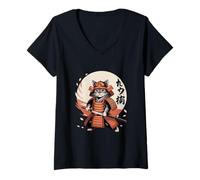 Mujer Cat Warrior Samurai Haru Letras Camiseta Cuello V