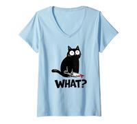 Mujer Cat What? Funny Black Cat with Knife Men Women Camiseta Cuello V