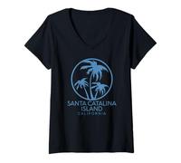 Mujer Catalina Island California Vintage 70s Retro Palmera Playa Camiseta Cuello V