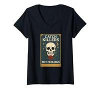 Mujer Catch Killers Not Feelings Skull Gothic Distressed Design Camiseta Cuello V