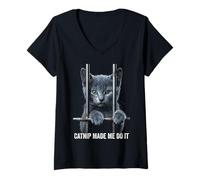 Mujer Catnip Made Me Do It Cat Prison Bars Cat Jail Russian Blue Camiseta Cuello V