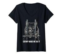 Mujer Catnip Made Me Do It Cat Prison Bars Jail Domestic Longhair Camiseta Cuello V