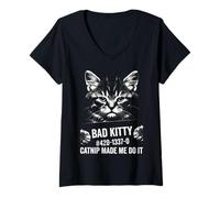 Mujer Catnip Made Me Do It Funny Cat Mugshot Camiseta Cuello V