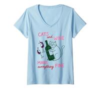 Mujer Cats and Wine Make Everything Fine Funny Cat Mom Camiseta Cuello V