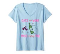 Mujer Cats and Wine Make Everything Fine Funny Cat Mom Camiseta Cuello V