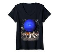 Mujer Cats Walking In Space Cat Astronaut Neptune Planet Cat Lover Camiseta Cuello V