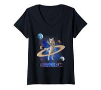 Mujer Caturn Cat In Space Saturn Galaxy Funny Kitten Cat Lover Camiseta Cuello V