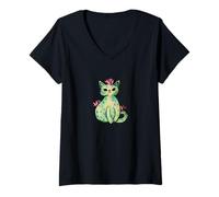 Mujer Catus Cat Cactus Lindo Ilustración para una mamá Gato Camiseta Cuello V