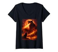Mujer Catzilla Howling At Moon, Divertida Gata mística Vintage Camiseta Cuello V
