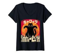 Mujer Catzilla Retro Japonés Gato Gigante Kaiju Monster City Camiseta Cuello V