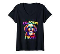 Mujer Cavachon Mom Colorido Pop Art Lindo Cavachon Dog Mom Camiseta Cuello V