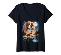 Mujer Cavalier King Charles Spaniel Howling to The Moon Meme Divertido Camiseta Cuello V
