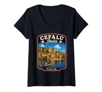 Mujer Cefalú Sicilia Vacaciones a Cefalú Viaje Familiar Cefalú Coincidencia Camiseta Cuello V