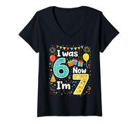 Mujer Celebración Colorida de Fiesta de cumpleaños con Texto en inglés I Was 6 Now I'm 7 Kids Camiseta Cuello V