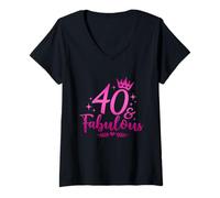 Mujer Celebración de cumpleaños con corona rosa para mujer 40 y fabulosa Camiseta Cuello V