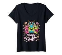 Mujer Celebración de Vacaciones de Primavera de conejitos de Pascua Felices Camiseta Cuello V