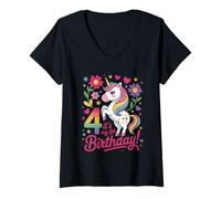 Mujer Celebración del Arco Iris de Unicornio de mi 4º cumpleaños Camiseta Cuello V
