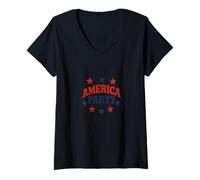 Mujer Celebración patriótica de diseño retro de estrellas de América Party Camiseta Cuello V