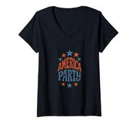 Mujer Celebración patriótica de diseño retro de estrellas de América Party Camiseta Cuello V