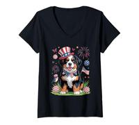 Mujer Celebración patriótica del 4 de Julio del Perro Berner Camiseta Cuello V