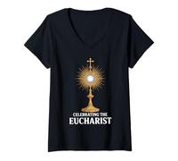 Mujer Celebrando la Eucaristía Custodia Católica Camiseta Cuello V
