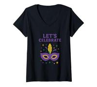 Mujer Celebremos el diseño de máscara de Mardi Gras Camiseta Cuello V