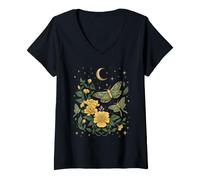 Mujer Celestial Goblincore Moth Moon Phases Botanical Wildflowers Camiseta Cuello V