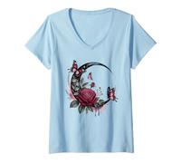 Mujer Celestial Rose Butterfly Luna Creciente Camiseta Cuello V